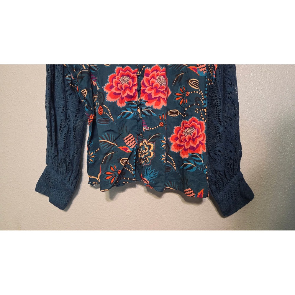 Farm Rio Anthropologie Floral Blouse Lrg Teal Lace Sleeve Boho Romantic Peasant - Picture 10 of 16